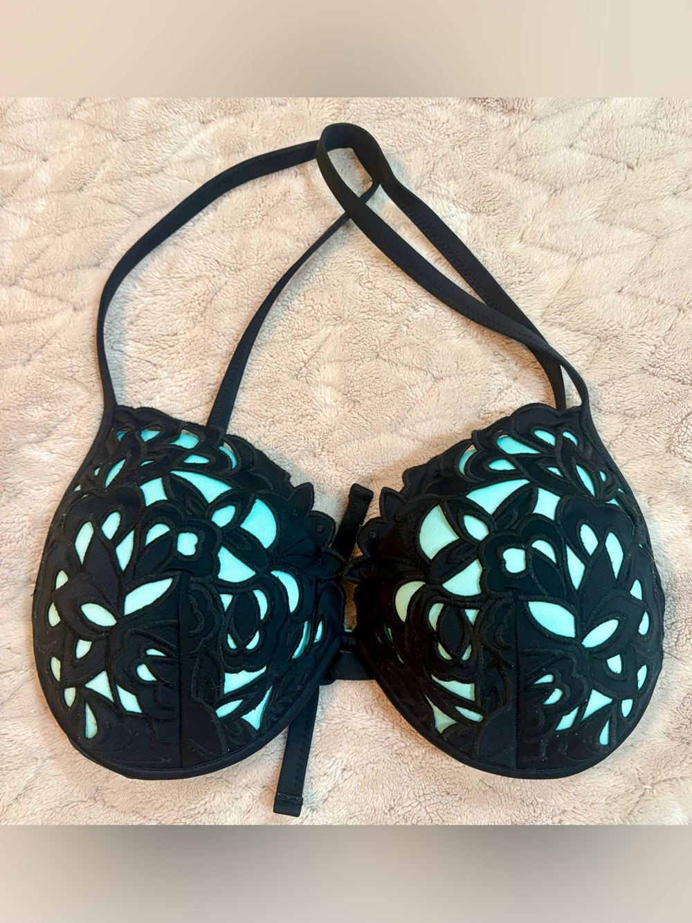 Shade & Shore Black and Aqua Cutout Halter Bikini Top